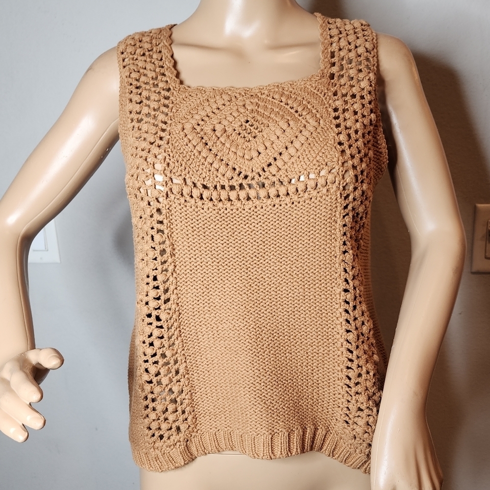 Pepin Mustard Brown Warm Tan Crochet‎ Knit Sleeveless Top Size Medium